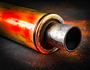 Abstract closeup of a catalytic converter spray painted with bright orange paint isolated on a dark background. Automotive theft deterrent design element.