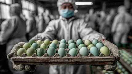 Worker Holding Tray of Green Eggs in Industrial Environment with Other Workers in Background at Egg Processing Facility