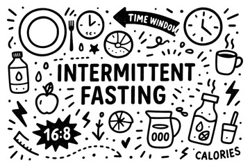 Intermittent fasting doodle composition with clocks, food, and time window icons, Transparent Background