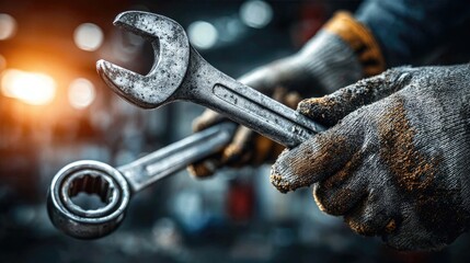Skilled Hands Holding Wrenches with Gloves in a Workshop Background with Blurred Lights Highlighting the Tools and Craftsmanship in Action