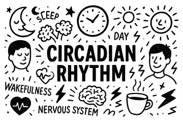 Circadian rhythm doodle composition with clocks, brain, and sleep cycle icons, Transparent Background