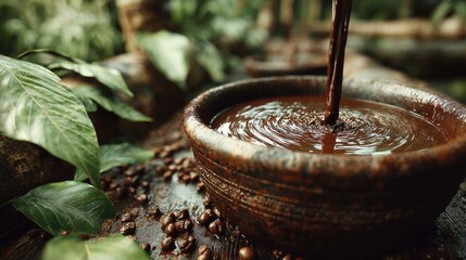 Rich Dark Chocolate Sauce Pouring into Rustic Bowl Surrounded by Coffee Beans and Green Leaves in Natural Setting
