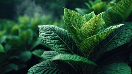 Close-up View of Fresh Green Leaves in Natural Setting with Soft Lighting Highlighting Textures and Details of Leaf Structures and Patterns