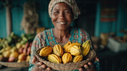 Happy woman holding basket of fresh cocoa pods in vibrant market setting, showcasing natural produce and local agriculture in tropical region