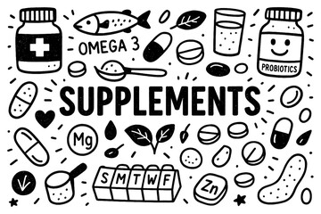 Supplements and nutrition doodle composition with vitamins, omega 3, and probiotics icons, Transparent Background