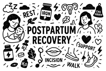 Postpartum recovery doodle composition with mothers, doctors, and care icons, Transparent Background