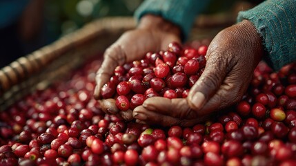 Hands Holding Fresh Red Coffee Cherries Above a Basket Filled with Coffee Berries on a Sunny Day in a Coffee Farm Setting