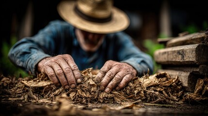 Close-Up of Farmer's Hands Working with Dry Leaves and Wood at Rustic Farm Setting, Capture of Artisanal Craftsmanship and Hard Work in Nature