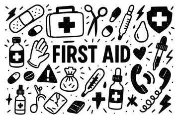 First aid doodle composition with medical tools, bandages, and emergency care icons, Transparent Background