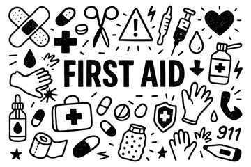 First aid doodle composition with medical tools, bandages, and emergency care icons, Transparent Background