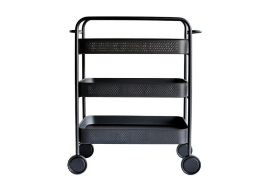 Three tier rolling storage cart isolated on transparent background. Black rolling cart with three tiers and wheels on white background.