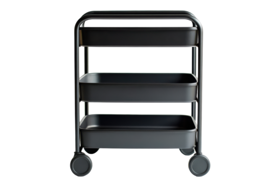 Three tier rolling storage cart isolated on transparent background. Black rolling cart with three tiers and wheels on white background.