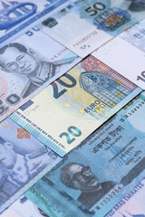 Money background, currency, paper banknotes from different countries. Money cash currency, blue