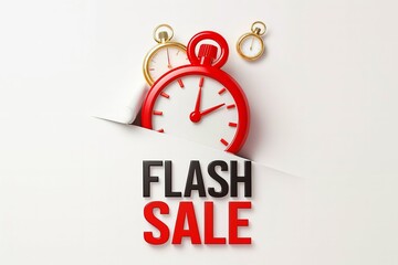 Red pocket watch bursting through white paper with flash sale text symbolizing urgent limited time discount