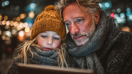 Warm Bonding Moment Between Grandfather and Granddaughter in a Cozy Urban Setting with Soft Lights in the Background