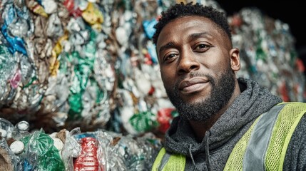 Man in Safety Vest Standing Proudly Amongst Recyclable Materials Promoting Environmental Sustainability and Responsibility in Waste Management