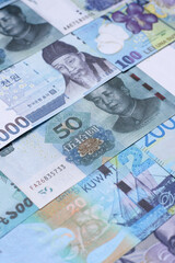 Money background, currency, paper banknotes from different countries. Money cash currency, blue