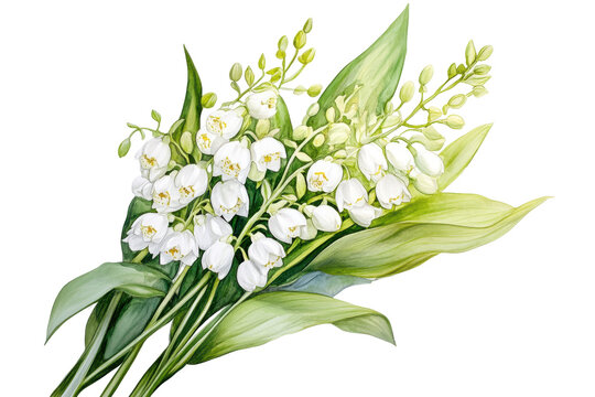 Bouquet of delicate white lily of the valley flowers isolated on transparent background. Bouquet of muguet isolated on white background.