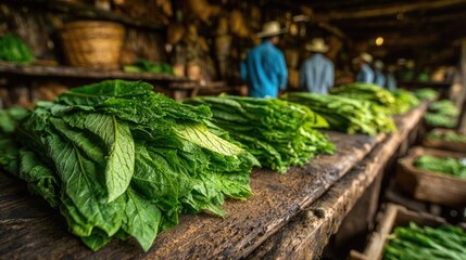 Fresh Green Lettuce Leaves for Sale at Local Market with Farmers in Background Showcasing Organic Produce with Natural Lighting on Rustic Wooden Table