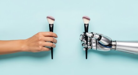 Human hand and robot hand holding makeup brush. Comparison of human and artificial intelligence in beauty industry for advertising concept.