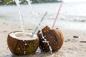 Two coconuts on the beach with water being poured into them