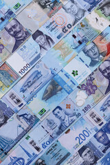 Money background, currency, paper banknotes from different countries. Money cash currency, blue