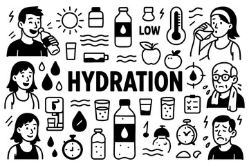 Hydration drink more water doodle composition with people, bottles, and hydration icons, Transparent Background