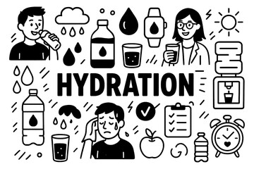 Hydration drink more water doodle composition with people, bottles, and hydration icons, Transparent Background