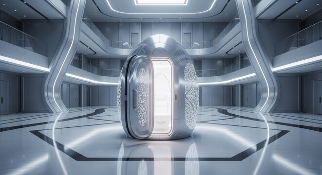 Future healing pod with open door in modern sci-fi building, concept of health, wellness, and self-care in innovative beauty and medical center
