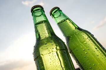 Two green beer bottles with condensation outdoors