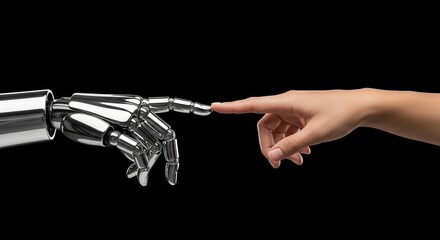 Woman finger touching robotic arm. Human and robot interaction, artificial intelligence and modern technology concept for scientific presentation.