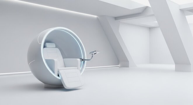 Futuristic capsule chair in a minimalist white interior design concept for modern beauty and wellness technology demonstration