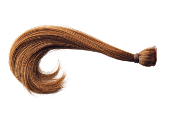 Brown hair ponytail tied with elastic isolated on transparent background. Brown ponytail hair attachment isolated on white background.