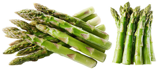 Fresh green asparagus spears arranged artistically on a white background, showcasing their vibrant color and texture, ideal for culinary presentations and healthy eating concepts