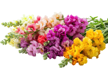 Colorful snapdragon flowers in a rainbow of colors isolated on transparent background. Bundle of colorful snapdragon flowers in full bloom isolated on white background.