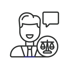 Lawyer icon in line design. lawyer, attorney, counsel, legal advice, speech, consultation, client, advocate on white background vector. Lawyer editable stroke icon - AI generated