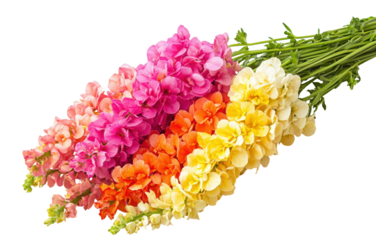 Colorful snapdragon flowers in a rainbow of colors isolated on transparent background. Bundle of colorful snapdragon flowers in full bloom isolated on white background.