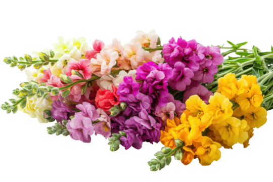 Colorful snapdragon flowers in a rainbow of colors isolated on transparent background. Bundle of colorful snapdragon flowers in full bloom isolated on white background.
