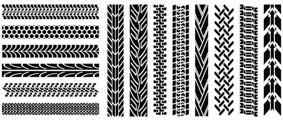  Cars and vehicles tires footprints icon. Tire brushes, transport ground trace, wheel tracks shapes, racing, motorsport, and speed-related design. Vector illustration.