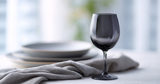 Close-up of empty black wine glass on white tablecloth with stacked plates and gray linen napkin in soft natural light
