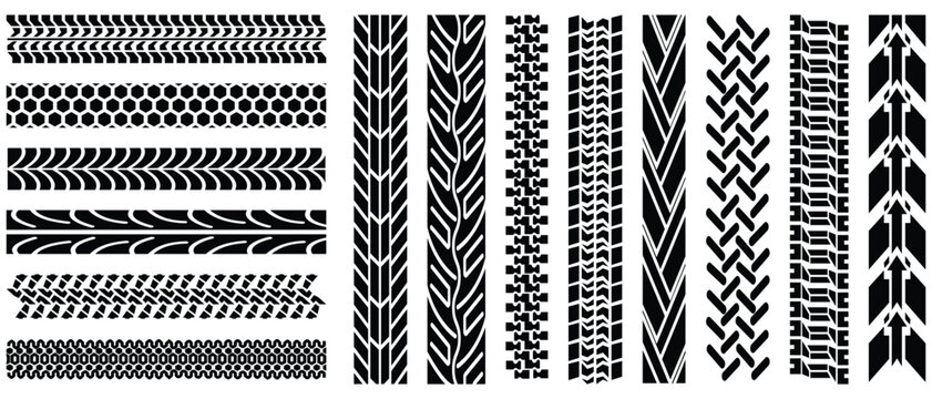 Cars and vehicles tires footprints icon. Tire brushes, transport ground trace, wheel tracks shapes, racing, motorsport, and speed-related design. Vector illustration.