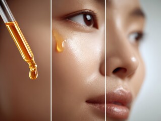 medium-wide beauty shot of a serene young asian woman, eyes closed, applying cosmetic oil on her face