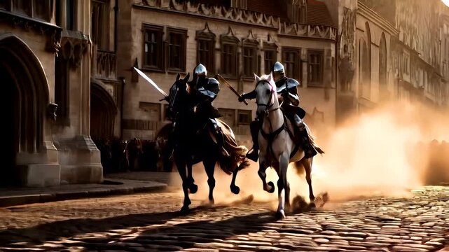 Prague, Czech Republic, Europe. A vivid portrayal of a medieval battle scene, with knights on horseback in the foreground and a cityscape in the background. The knights are clad in full armor.