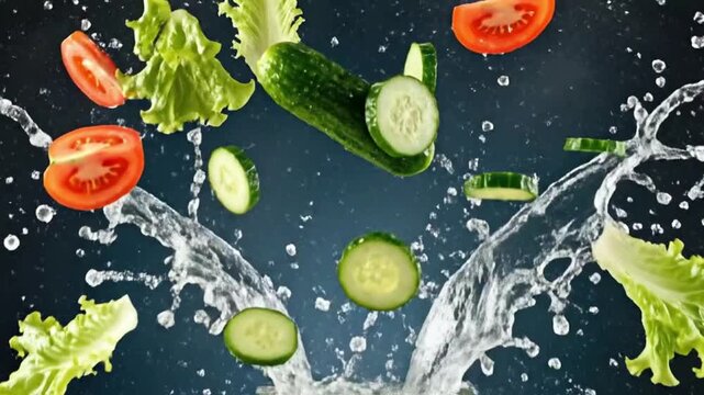 Fresh vibrant salad ingredients splashing in clear water ready for healthy eating and wellness promotion campaign use - Powered by Adobe