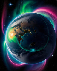 Fototapeta premium Planet earth aurora cosmic glow night lights Asia ocean space swirl nebula hues surreal imagery wonder