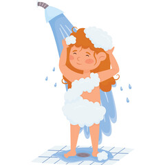 A Happy Young Girl With Red Hair Washing Her Hair Under A Blue Shower Head With Soap Suds Covering Her Body In A Bathroom With Blue Tiled Floor.