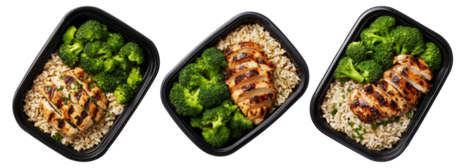 Healthy grilled chicken, brown rice, and broccoli in a black plastic meal container isolated on white transparent background