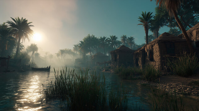 gentle morning at quiet riverside hamlet with fisherman repairing nets amid palm silhouettes - Powered by Adobe