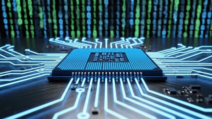 A glowing blue CPU microchip centered digital circuit board Electric light pulses 4K - Powered by Adobe