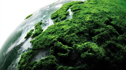 An artistic representation highlights a lush green version of Earth, showcasing vibrant forests and landscapes. The imaginative design invites viewers to reflect on our planet's beauty and potential